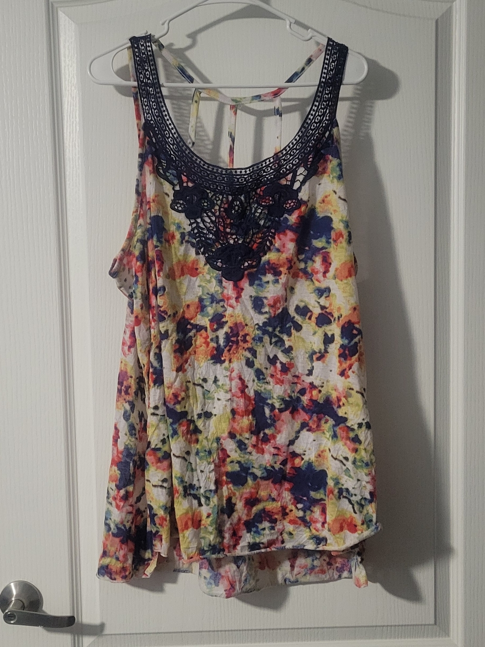 French Laundry Multicolor Watercolor Floral Tank with Navy Crochet Trim